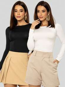 Kit 2 Women's Long Sleeve Blouse Cold Weather Round Neck Winter - 黑與白 - 查看 4