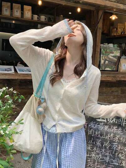 Spring/Summer Korean Style Contrast Color Trim Hooded Lightweight Knit Cover Up Women, New Design Drawstring Outerwear Thin Jacket