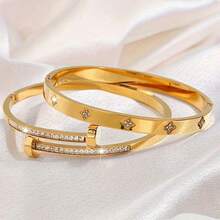 2件套简约奢华不锈钢镶嵌立方氧化锆四叶草手镯，适合女士日常佩戴、宴会、晚宴、节日礼物、情人节礼物 - 金黃色 - 查看 1