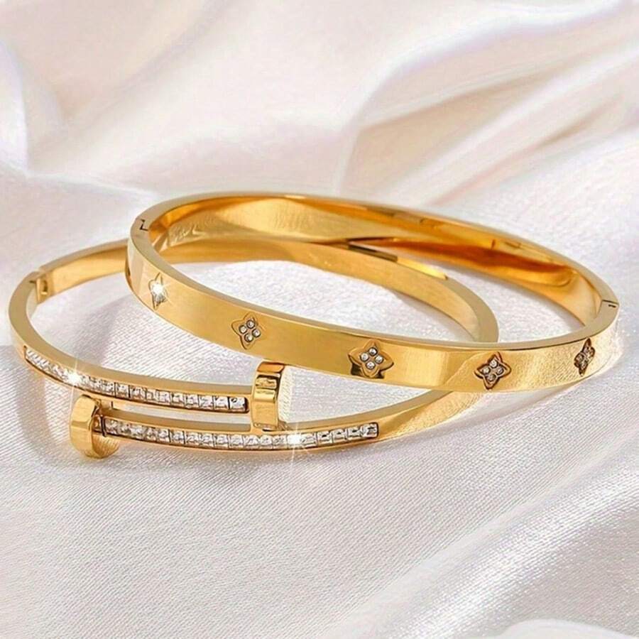 2件套简约奢华不锈钢镶嵌立方氧化锆四叶草手镯，适合女士日常佩戴、宴会、晚宴、节日礼物、情人节礼物 - 金黃色 - 查看 1