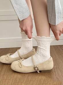 1/3 pares de calcetines de media pantorrilla con dobladillo con volantes de unicolor estampados para mujeres, de moda, suaves y cómodos, adecuados para la temporada de regreso a la escuela y todo el año, surtido de colores aleatorios - Multicolor - Ver 23