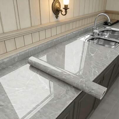 1 Roll, PVC Aluminum Foil Glossy Marble Peel And Stick Wallpaper, Waterproof And Oil-Resistant Vinyl Home, Kitchen, Living Room Decor Wall Covering