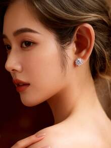 2件套精美女士S925纯银向日葵耳钉，时尚百搭高端1克拉立方氧化锆耳环，送给她的派对礼物 - 銀色 - 查看 8