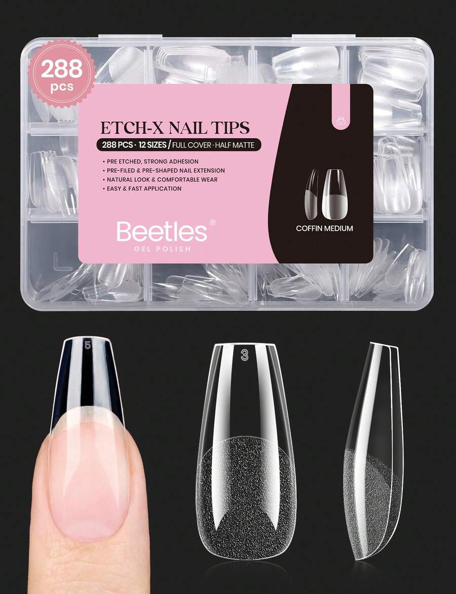 Beetles Soft Gel Nail Tips Short Almond 288pcs In 12 Sizes, Etch-X Pre-Etched Full Cover Acrylic Fake Nails Art - Coffin Medium 288pcs (Etch X Nail Tips) - 查看 1