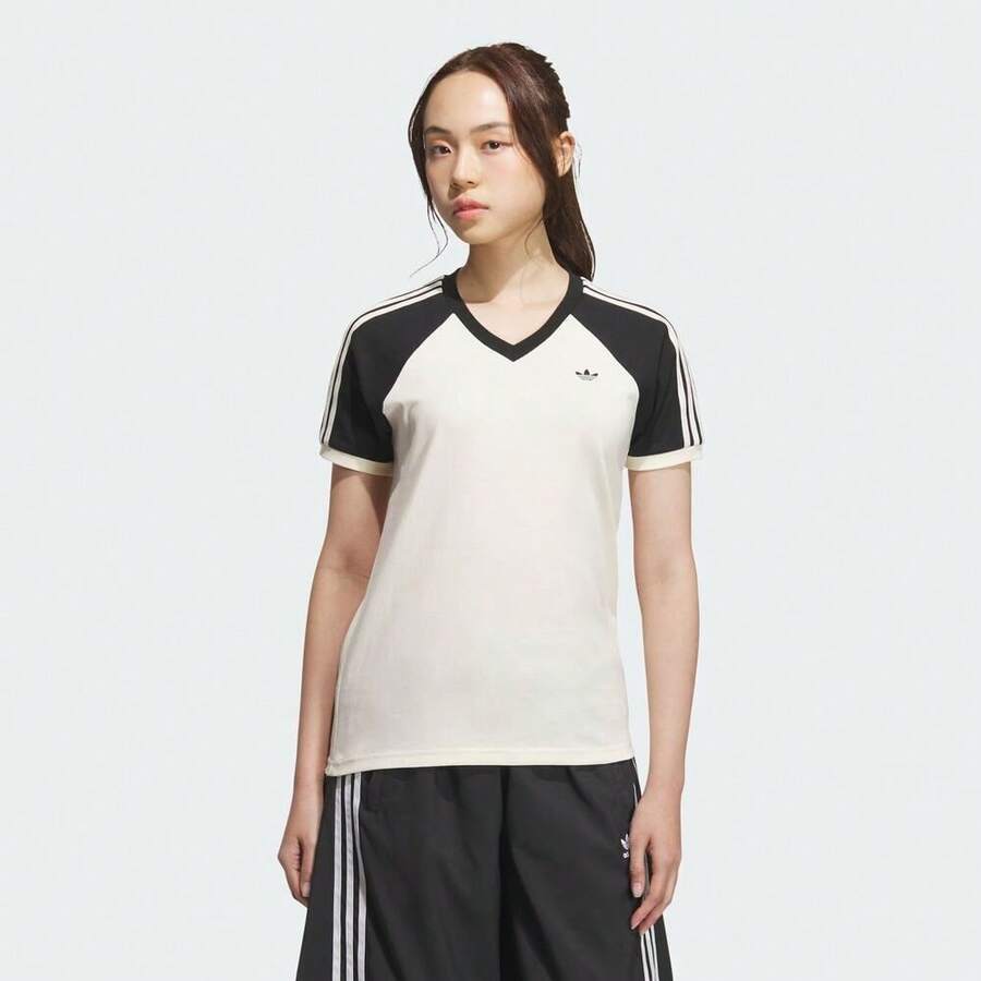 Adidas Originals 女士V领短袖T恤针织圆领T恤 TKF0316 - 黑色 - 查看 1