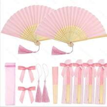 16/8件套粉色婚礼回礼扇套装，女士折叠手扇，粉色蝴蝶结，流苏，透明袋，婚礼派对装饰。适合作为新娘礼物、婚宴、生日派对、伴娘拍照道具、夏季扇子、活动及派对用品，多件套派对回礼包 - A - 查看 1