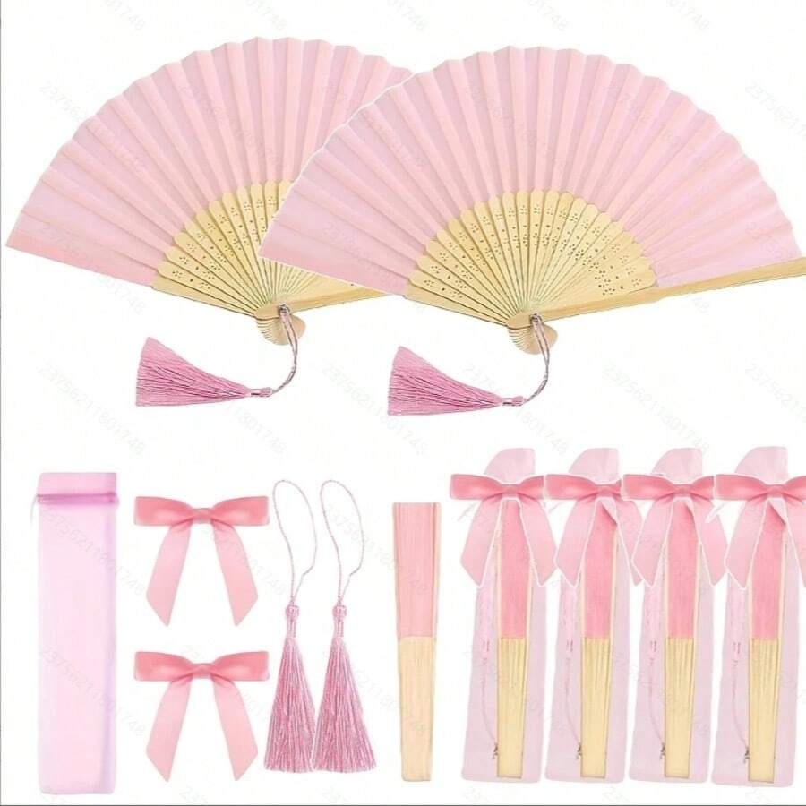 16/8件套粉色婚礼回礼扇套装，女士折叠手扇，粉色蝴蝶结，流苏，透明袋，婚礼派对装饰。适合作为新娘礼物、婚宴、生日派对、伴娘拍照道具、夏季扇子、活动及派对用品，多件套派对回礼包 - A - 查看 1