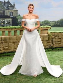 Women's Off-Shoulder Elegant Romantic Floor-Length Wedding Dress - White - View 1
