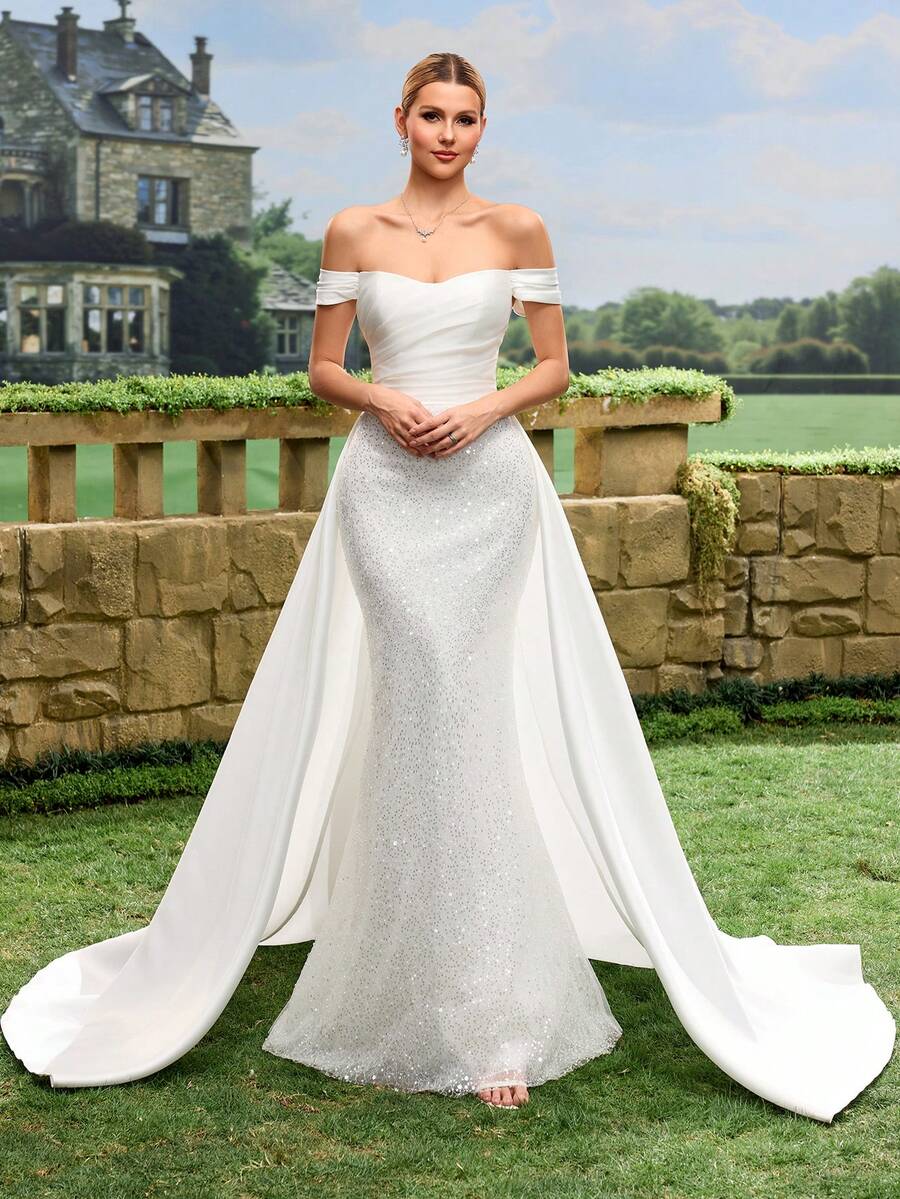 Women's Off-Shoulder Elegant Romantic Floor-Length Wedding Dress - White - View 1