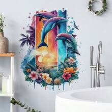 梦幻色彩海豚一家墙贴 - 适用于墙面、窗户、浴室等 - 耐用墙贴 - A - 查看 2