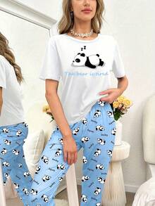 Bộ đồ nữ mùa xuân/hè in hình gấu trúc và chữ cái, gồm áo và quần, thích hợp mặc ở nhà và mặc hàng ngày. - Nhiều màu - Xem 4