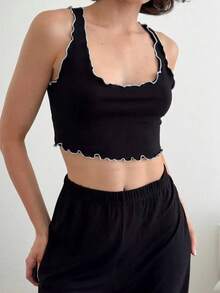 Bộ đồ mặc nhà 3 món bằng vải dệt kim mềm mại: áo khoác cardigan, áo hai dây và quần. - màu đen - Xem 5