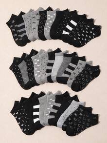 10双装男女童夏季隐形船袜，柔软透气，黑灰色，图案包括人脸、爱心和条纹，适合返校、休闲和居家穿着。 - 彩色 - 查看 2