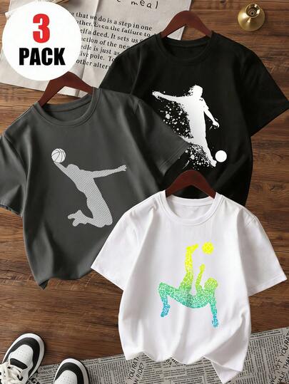 3 Packs Boys Sport Graphic Print T-Shirts, Soccer & Basketball Player Silhouette Design Casual Short Sleeve Crew Neck Tees, Kids Summer Tops For Toddler & Tween