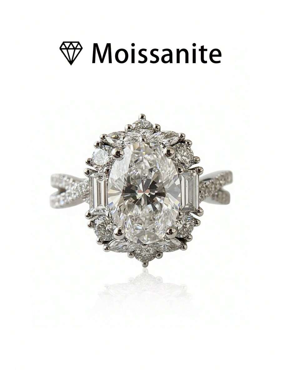 女士结婚戒指，向日葵造型，925纯银材质，重3.3克，镶嵌1.5克拉莫桑石，波西米亚宫廷风格，奢华订婚/结婚/周年纪念/情人节礼物，附赠莫桑石证书和精美礼盒