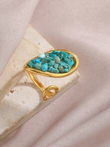 1枚优雅百搭时尚天然宝石及18K镀金不锈钢几何戒指，女士日常及节日配饰 - 金色 - 查看 8