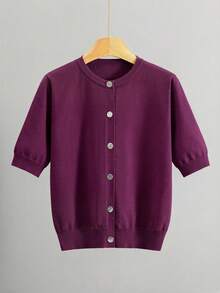 GIGOGOU Cárdigan de punto de manga corta, suave y cómodo, de estilo casual para mujer, para primavera/verano - Morado - Ver 4