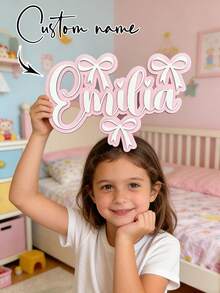 1pc Personalized Bow Nameplate For Kids Room Decor. This Exquisite Double-Layer Bow Nameplate Is Cut From 5mm Thick Wooden Board (Total Thickness 10mm). Back To School Gift - Black - View 4