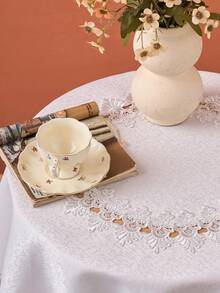 1件极简白色圆形涤纶刺绣桌布 - 白色 - 查看 6