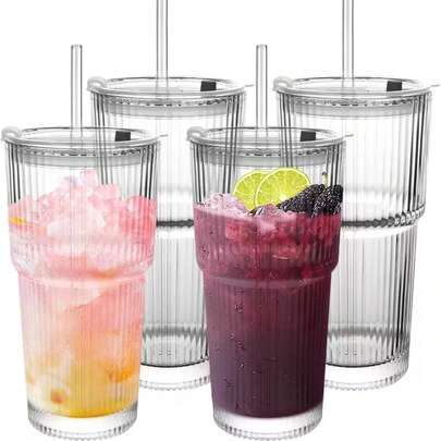 (1 Set Of 3 Pcs: 1pc Cup + 1pc Lid + 1pc Straw) (2 Sets Of 6 Pcs: 2pcs Cups + 2pcs Lids + 2pcs Straws) (4 Sets Of 12 Pcs: 4pcs Cups + 4pcs Lids + 4pcs Straws) Striped Glass Cup With Lid And Glass Straw | Thick And Durable, Reusable, Dishwasher , Suitable For Iced Coffee, Smoothie, Cocktail, Juice, For Home, Office, Travel