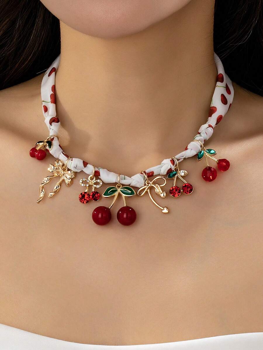 1 pezzo Collana con ciondolo a fiocco e ciliegie in stile bohémien per donna, collana con sciarpa a motivo di ciliegie, ciondoli a forma di ciliegie, accessori gioiello con vibes primaverili ed estive - Collana con ciondolo a forma di fiocco di ciliegio - Visualizzare 1