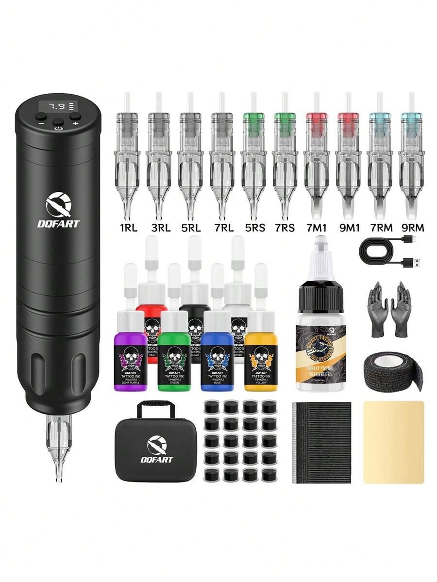 DQFART Wireless Tattoo Machine Kit With 1500mAh Adjustable Power Supply. This Is A Versatile Tattoo Machine Kit Suitable For Beginners And Artists, Including Tattoo Needles, Tattoo Ink, Tattoo Transfer Paste, And Various Tattoo Supplies. Can Be Used For DIY And Body Painting.