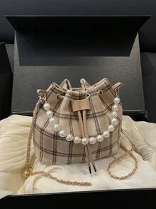 迷你水桶包、格子珍珠手提包、单肩斜挎包、多功能链条包 - 卡其色 - 查看 6