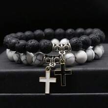 8mm Natural Stone Beaded Elastic Bracelet, Cross Couple Bracelet Set, Valentine's Day Jewelry - Cross - View 6