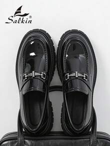 Salkin 全新英伦风设计师男士一脚蹬乐福鞋，复古气息，柔软舒适，圆头，优雅正式皮鞋，亮面漆皮，防滑厚底，适合休闲、约会、派对、婚礼、送礼。尺码偏小，请订购大一码。 - 黑色 - 查看 12