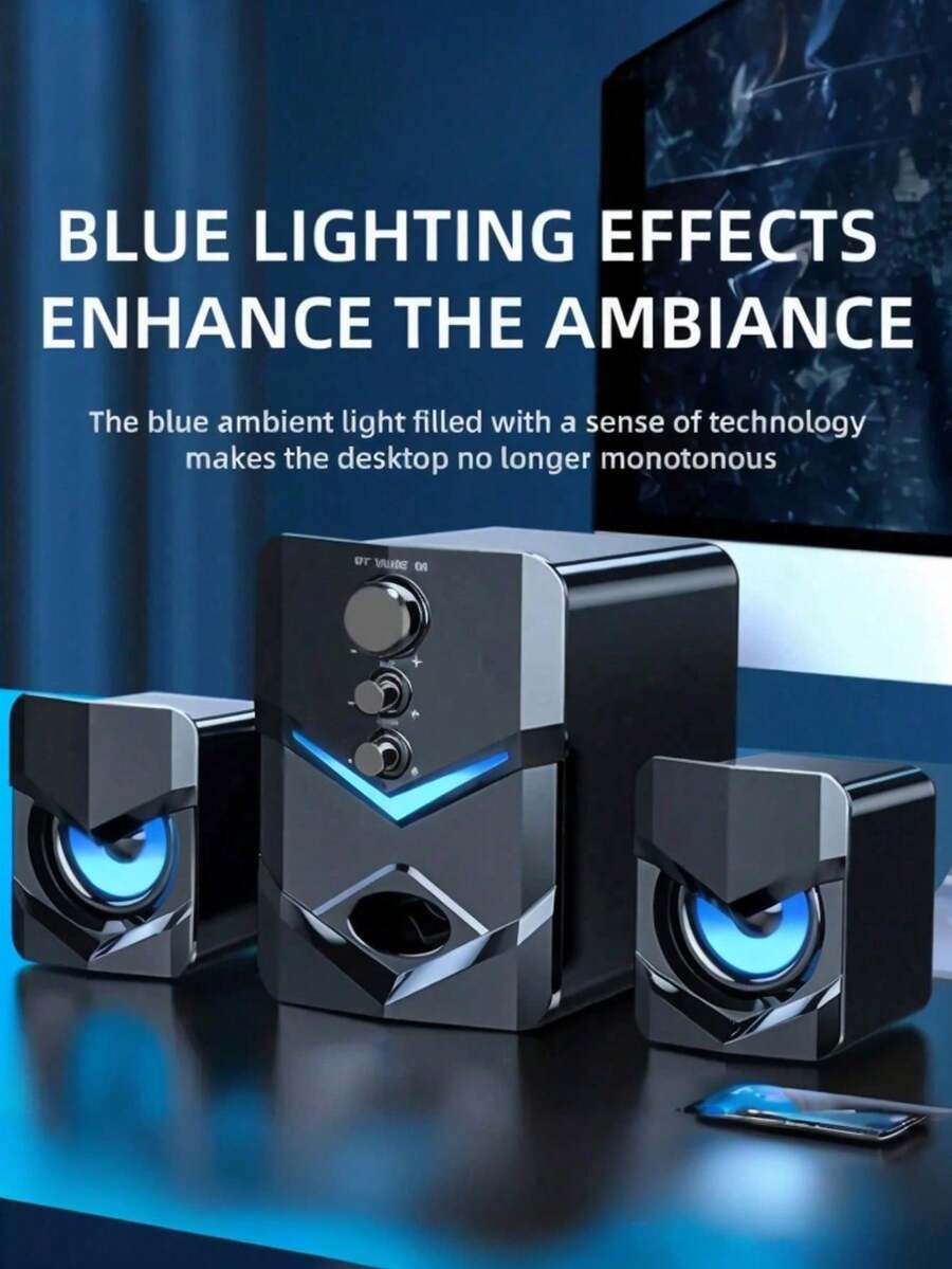 2.1立体声LED游戏电脑音箱，USB供电，3.5mm音频接口，适用于台式机、笔记本电脑、平板电脑