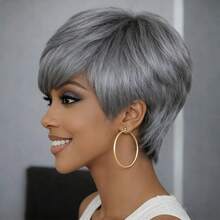 100%真人发假发 - 自然逼真，无需胶水，玫瑰网帽，150%密度分层直发精灵短发，带刘海，适合日常、角色扮演、派对、节日等场合，优雅女士假发 - SGray - 查看 7