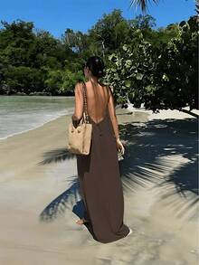 A Women's Solid Color Camisole Loungewear, Elegant Sleeveless Backless Long Dress, Summer Casual Wear, Women's Indoor Sleepwear, Beach Vacation Dress - 咖色 - 查看 6