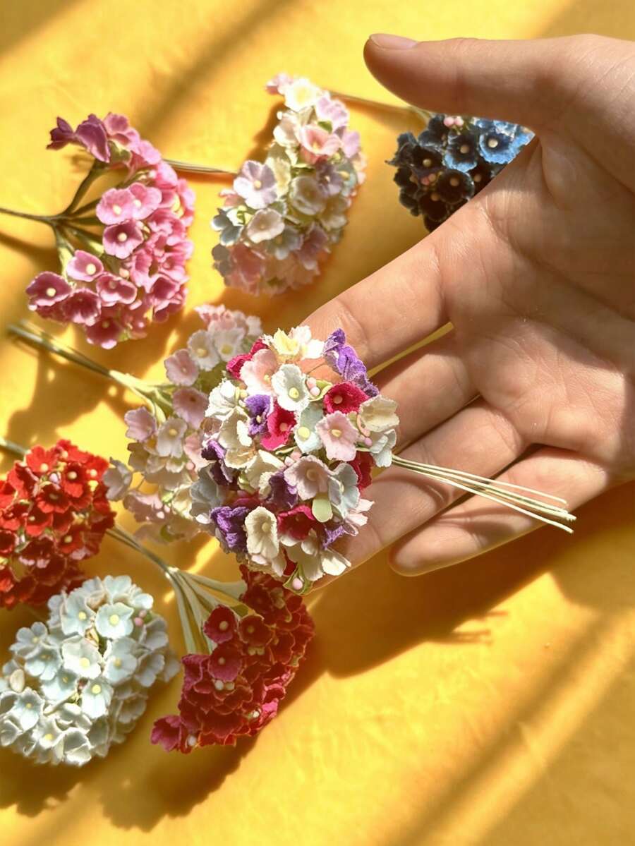 迷你仿真绣球花束，逼真绣球花，适合DIY婚礼花束、新娘送礼会装饰、家居及办公装饰（客厅、厨房、花园、酒店）、母亲节、生日、房间装饰、家居装饰、春季装饰、卧室装饰、复活节装饰、婚礼装饰 - 彩色 - 查看 1