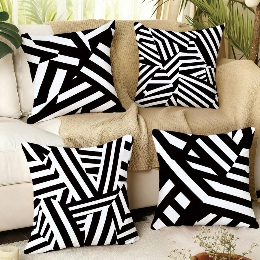 MEMNUN 4pcs Classic Black And White Striped Print Pillow Covers [No Pillow Insert], 17.7*17.7in(45*45cm)/19.69*19.69in(50*50cm)/15.75*15.75in(40*40cm), [Single-Sided Printing] Style Polyester Throw Pillow Covers For Sofa, Bed, Living Room, Bedroom, Car, Office, Hotel Decor, Perfect Gift For Family And Friends, Suitable For All Seasons - Multicolor - View 1