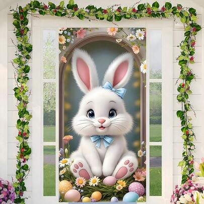 1pc Cute Bunny Bow Easter Door Cover - Floral Egg Design With Blue Bow & Spring Flowers, Adorable Rabbit Front Door Banner For Holiday Home Entrance, Porch Decoration, Garden Gate, Party Backdrop & Seasonal Wall Art