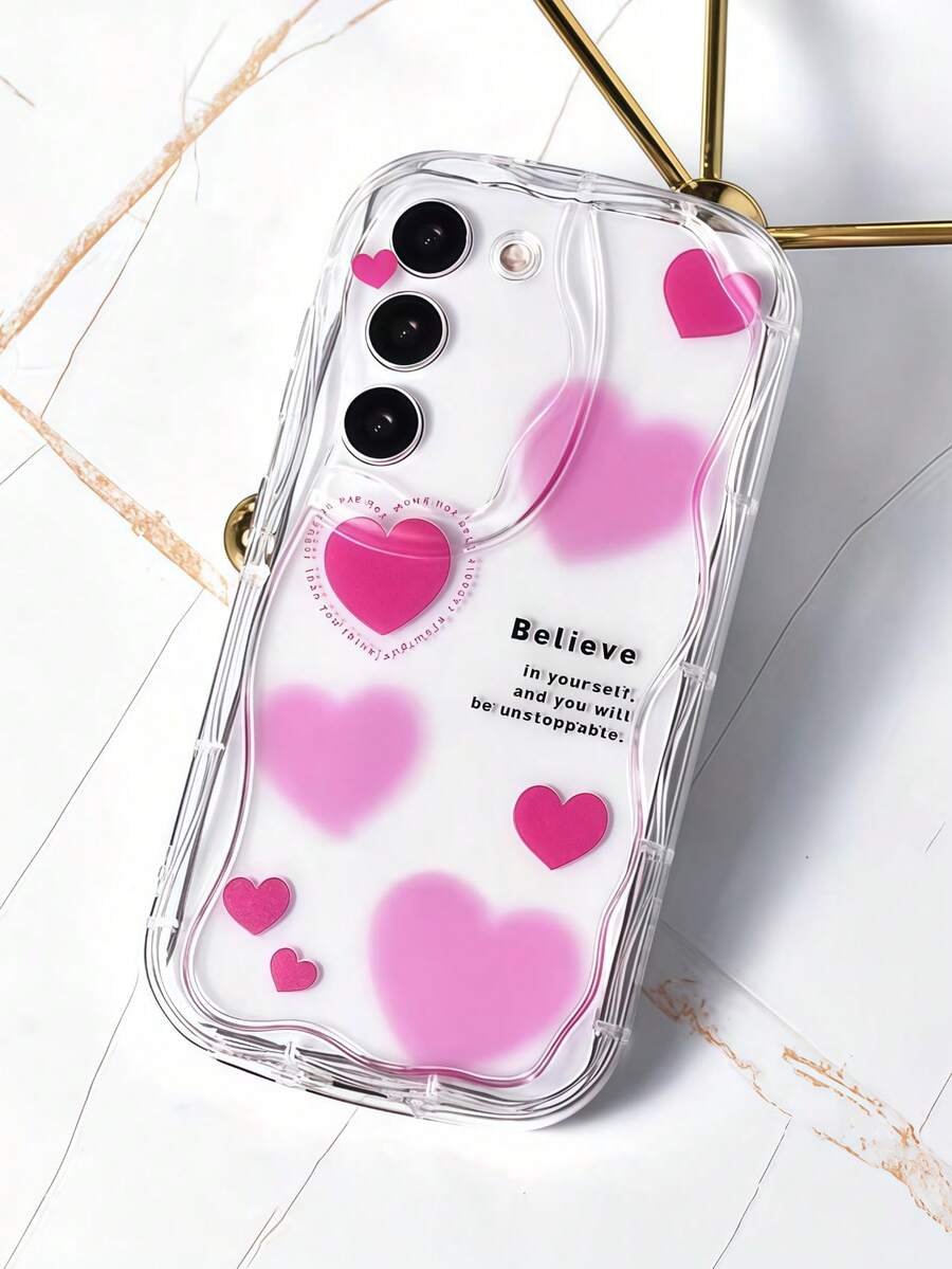 1个创意素描粉色爱心励志标语波浪形屏幕边缘保护手机壳，兼容苹果7/8/X/XR/XSMAX/11/12/13/14/15/16/17 Pro Max、A14/A15/A16/A17/A04/A05/A06/A07/A54/A55/A56/A57/A34/A35A/36/A37/S26/S26Plus/S26Ultra、Transsion SMART7/8/9/10 - 奶油透明 - 查看 1
