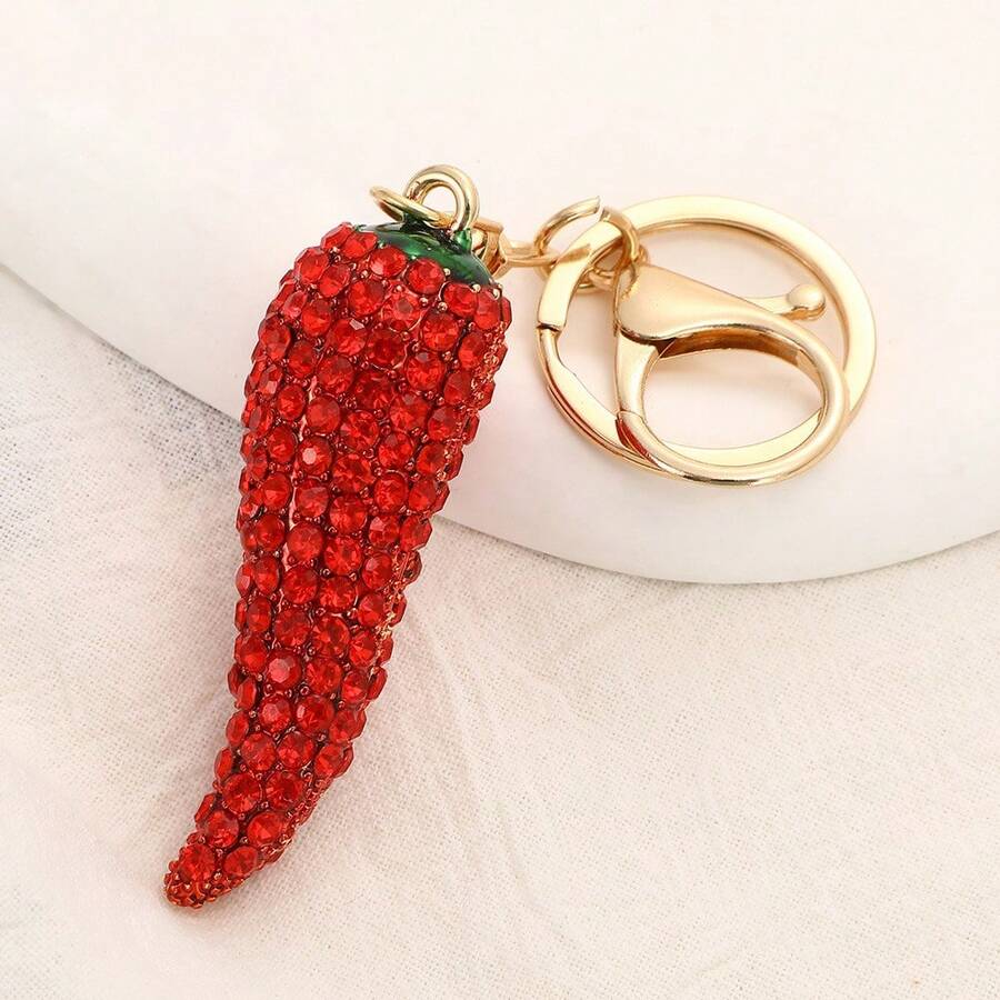 1pc Creative Rhinestone Fruit & Chili Metal Keychain, Korean Minimalist Cute Bag Charm Keyring, Car Pendant, Small Gift, Shiny Zinc Alloy Jewelry, Summer - Red - View 1
