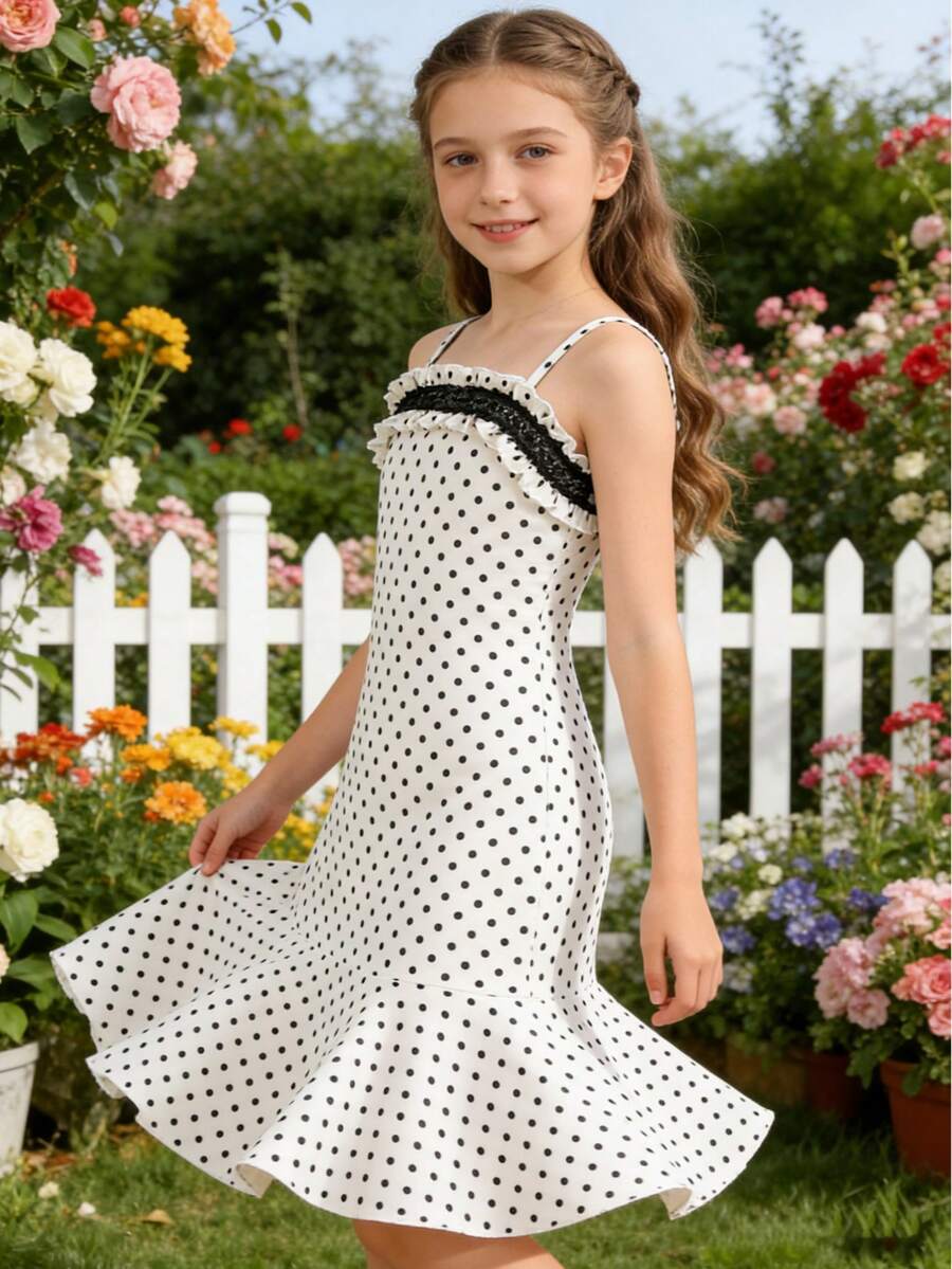 1pc Tween Girl Outdoor Casual Summer Personalized Retro French Black & White Polka Dot Lace Strap Mermaid Hem Dress, Gentle Style, Spring - Multicolor - View 1