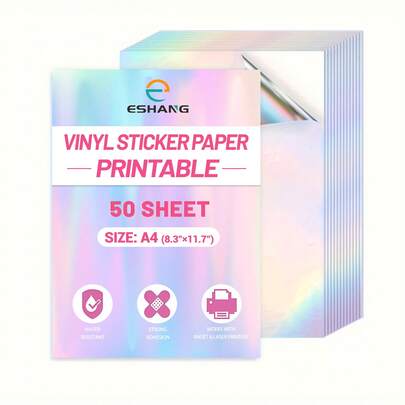 50 Sheets A4 Size Holographic Rainbow Printable Vinyl Sticker Paper 8.3x11.7 Inch Waterproof Sticker Paper Rainbow For Inkjet & Laser Printer Label Sticker Paper,School Supplies,Back To School