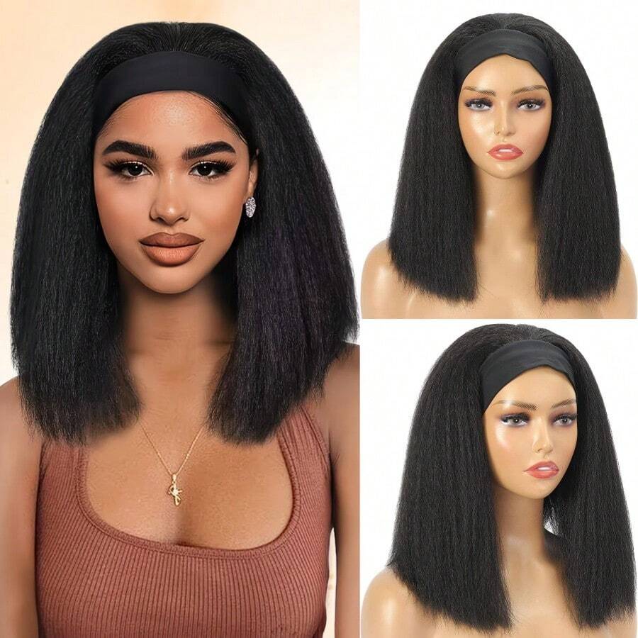 (Natural Black, 14 Inch) Curly Straight Hair Headband Wig, Synthetic Straight Bobo Wig Soft Natural No-Glue Headband Wig, Suitable For Daily Use Or Parties - Black - View 1