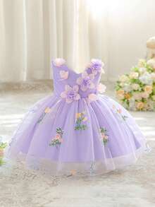 Baby Girls V-Neck 3D Floral Embroidered Mesh Princess Dress, Suitable For Birthday Party, Flower Girl, Wedding, Excluding Headband - 淡紫色 - 查看 1