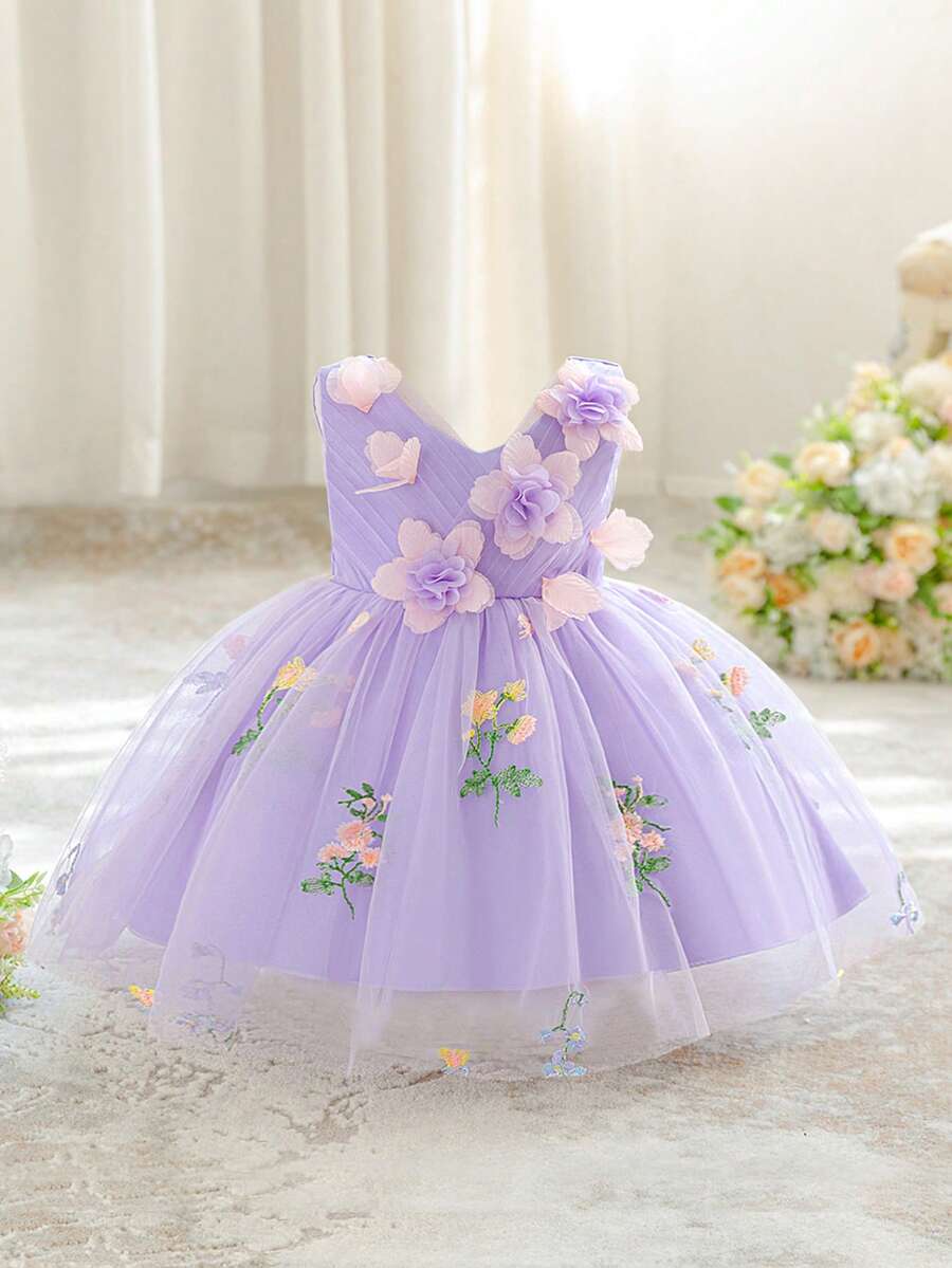 Baby Girls V-Neck 3D Floral Embroidered Mesh Princess Dress, Suitable For Birthday Party, Flower Girl, Wedding, Excluding Headband - 淡紫色 - 查看 1