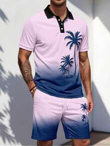Bộ đồ thể thao nam gồm áo polo tay ngắn và quần short in hình cây dừa phối màu gradient, thích hợp cho kỳ nghỉ biển. - Nhiều màu - Xem 1