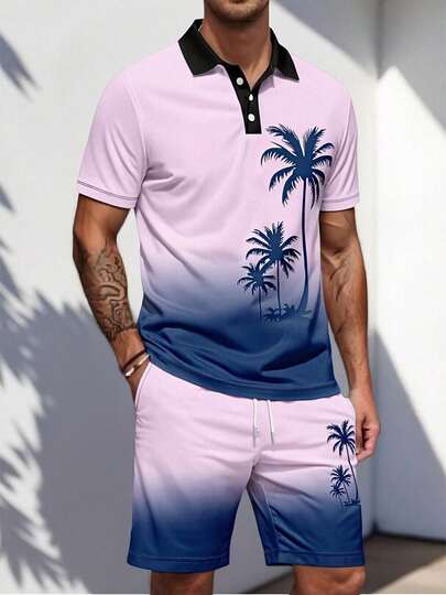 Men's Gradient Color Coconut Tree Print Short Sleeve Polo Shirt And Shorts Beach Vacation Set