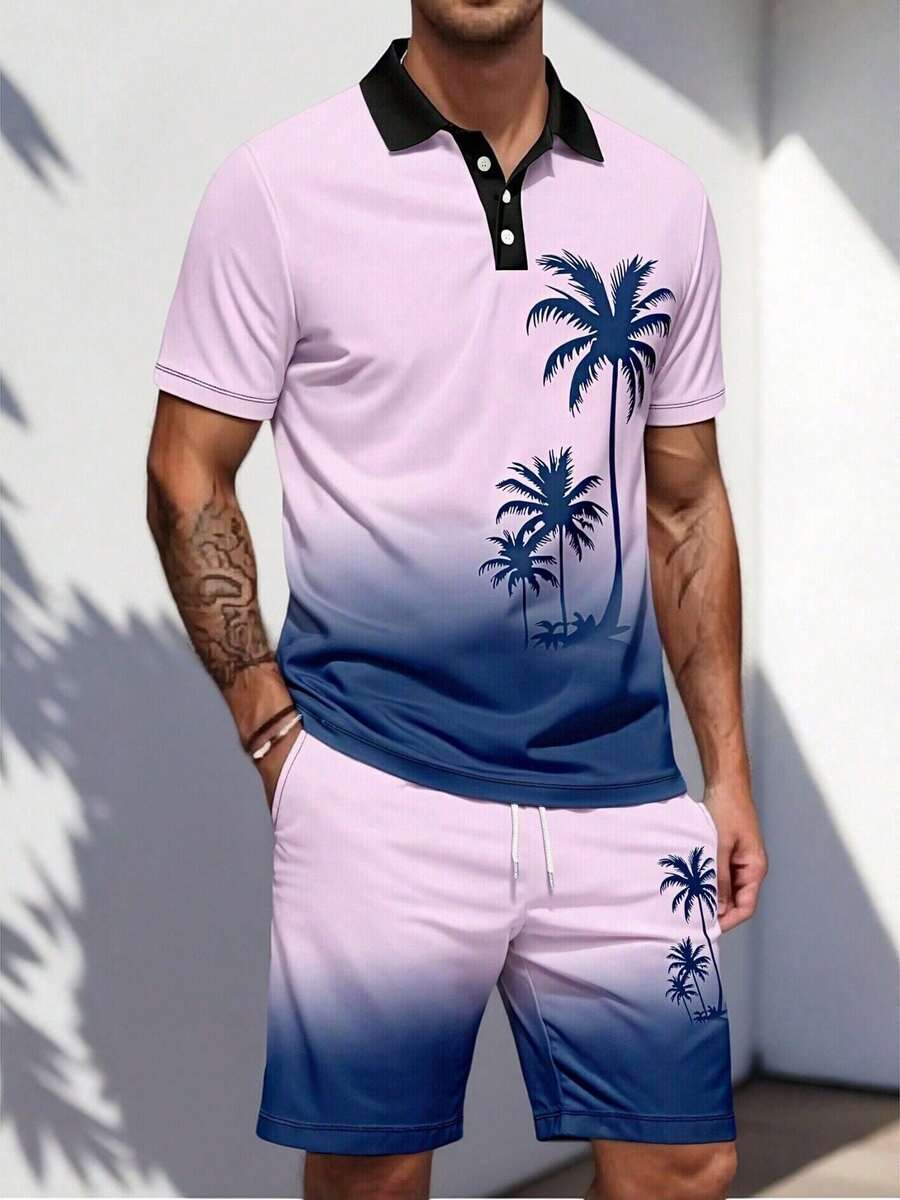 Bộ đồ thể thao nam gồm áo polo tay ngắn và quần short in hình cây dừa phối màu gradient, thích hợp cho kỳ nghỉ biển. - Nhiều màu - Xem 1