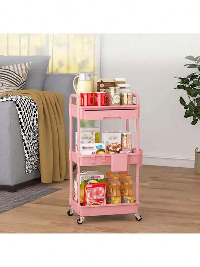 3-Tier Mobile Storage Cart With Drawer, Plastic Utility Organizer With 360° Rotating Wheels For Kitchen, Bathroom & Laundry