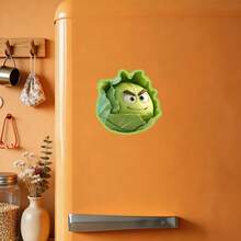 Mischievous Cabbage Buddy Magnet With Raised Eyebrow Smirk: Squinting Eyes, Showing Two Teeth In A Smug Expression, Layered Leaf Texture, Light Green Outline, Sticker-Style Edge - Brings A Playful Prank To Your Kitchen - I - View 3