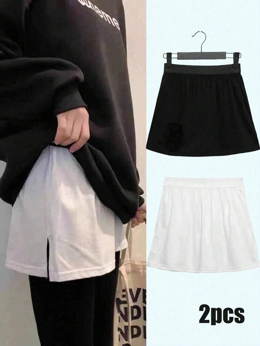 2 pièces/1 pièce Jupe superposée pour femme, jupe mi-longue, sous-chemise, design superposé, ourlet de Sweat-shirt-shirt, vêtement de bas, design superposé, anti-flash, jupon, sous-chemise pour femme, couleur unie, fente, style à bord plat, doublure, mi-long, robe de base, jupe taille, ceinture