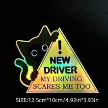 AD 1pc Black Cat Cute Small Black Cat Novice Driver Reminder Sticker, Please Wait Patiently Sign, Car Reflective Decal - A - View 15
