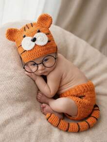 2pcs Baby Cartoon Tiger Design Suits Newborn Photography Prop Hand-Knitted Hat And Shorts Set With Long Tail Photos Accessories - Multicolor - View 3